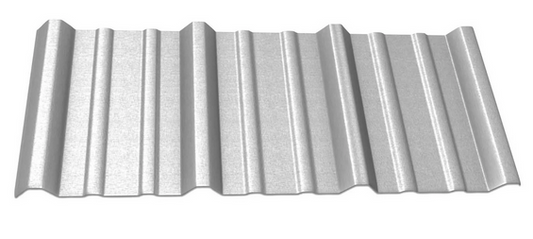 Corrugated galvalume metal roof panel on a white background