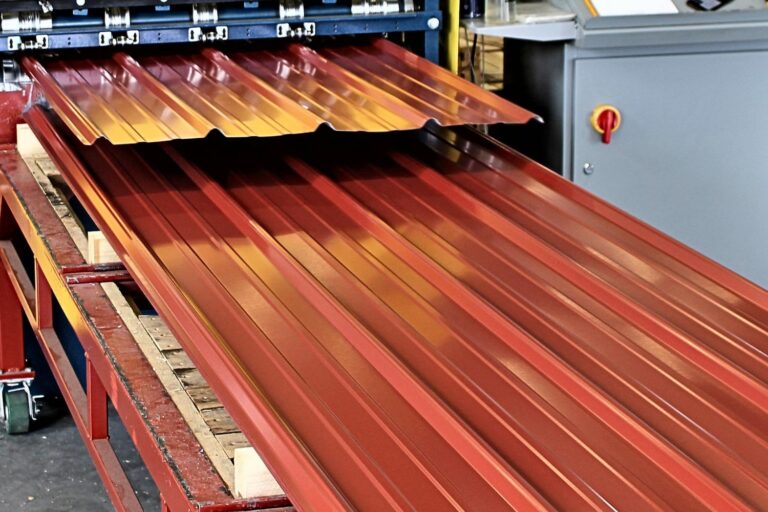 metal panels coming off rollformer machine